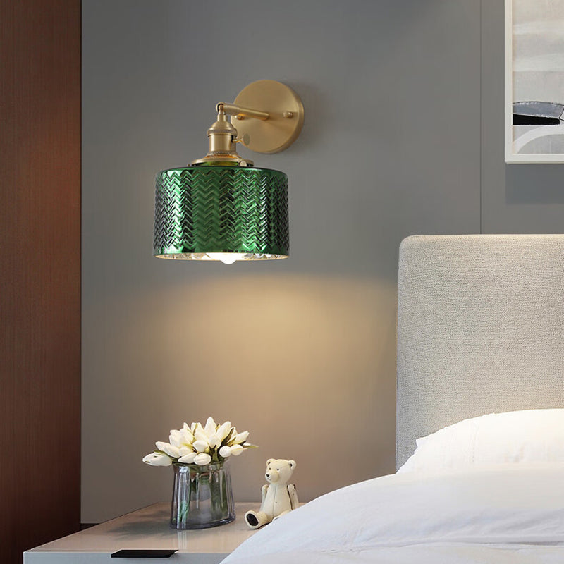 Traditional Vintage Cylinder Wavy Disc Base Brass Glass 1-Light Wall Sconce Lamp For Bedroom