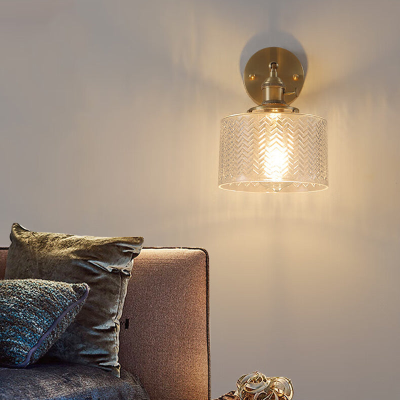 Traditional Vintage Cylinder Wavy Disc Base Brass Glass 1-Light Wall Sconce Lamp For Bedroom