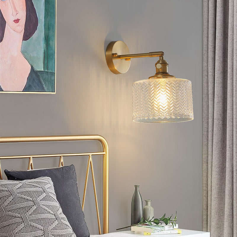 Traditional Vintage Cylinder Wavy Disc Base Brass Glass 1-Light Wall Sconce Lamp For Bedroom