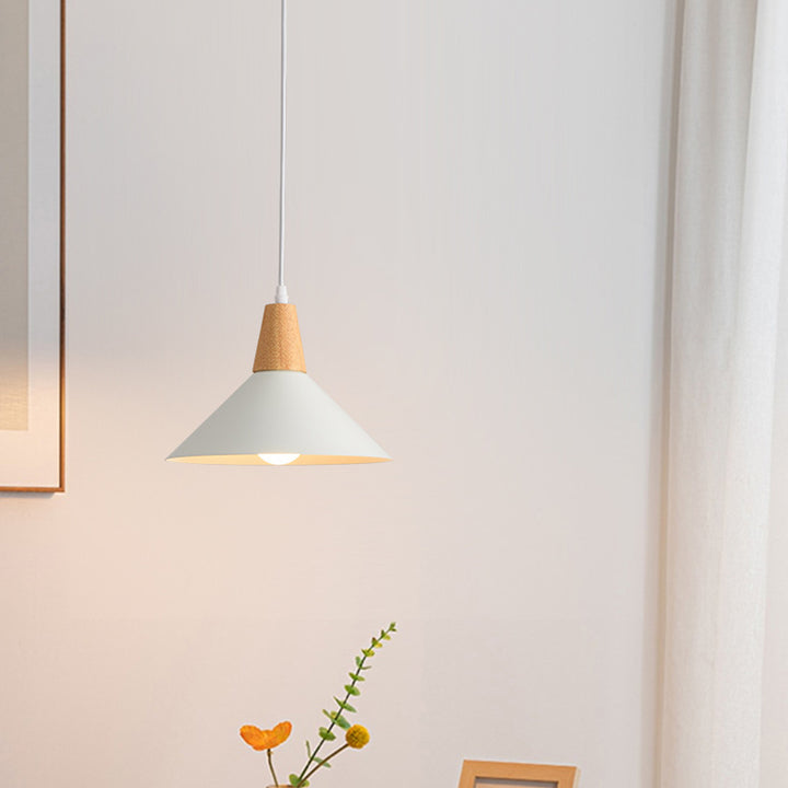 Contemporary Scandinavian Flared Iron Wooden 1-Light Pendant Light For Living Room