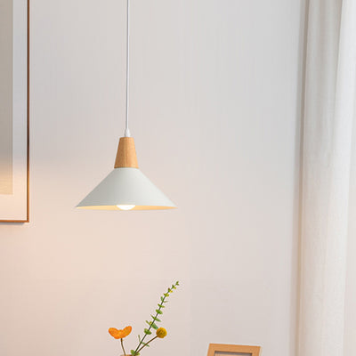 Contemporary Scandinavian Flared Iron Wooden 1-Light Pendant Light For Living Room