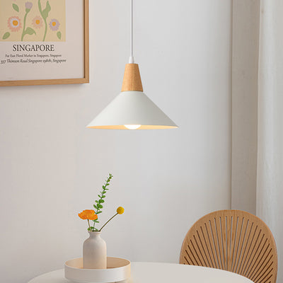 Contemporary Scandinavian Flared Iron Wooden 1-Light Pendant Light For Living Room