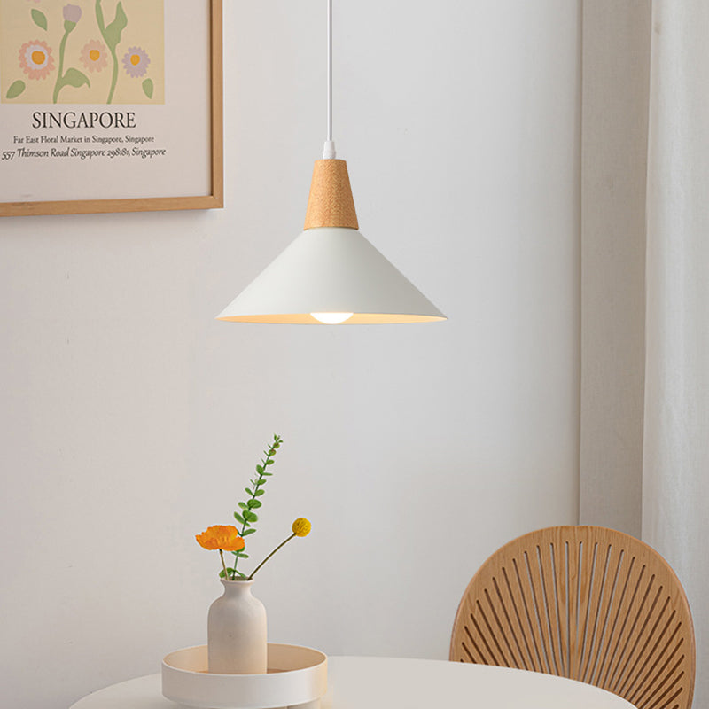 Contemporary Scandinavian Flared Iron Wooden 1-Light Pendant Light For Living Room