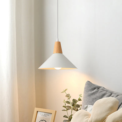 Contemporary Scandinavian Flared Iron Wooden 1-Light Pendant Light For Living Room