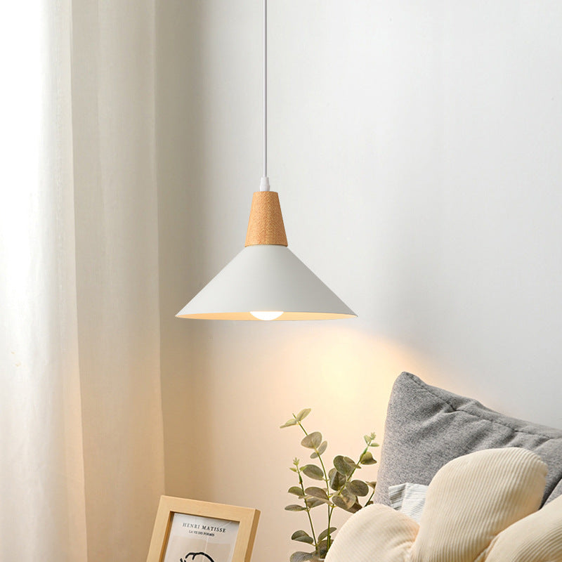 Contemporary Scandinavian Flared Iron Wooden 1-Light Pendant Light For Living Room