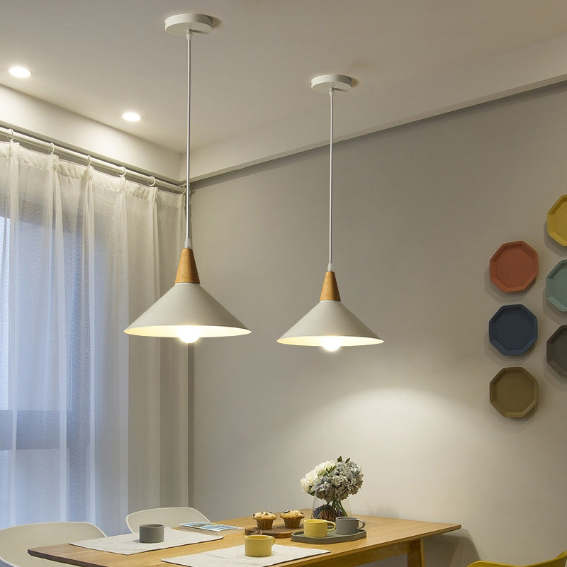 Contemporary Scandinavian Flared Iron Wooden 1-Light Pendant Light For Living Room
