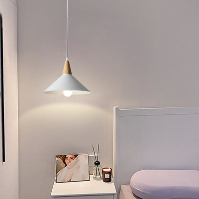 Contemporary Scandinavian Flared Iron Wooden 1-Light Pendant Light For Living Room