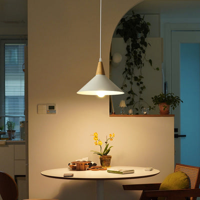 Contemporary Scandinavian Flared Iron Wooden 1-Light Pendant Light For Living Room