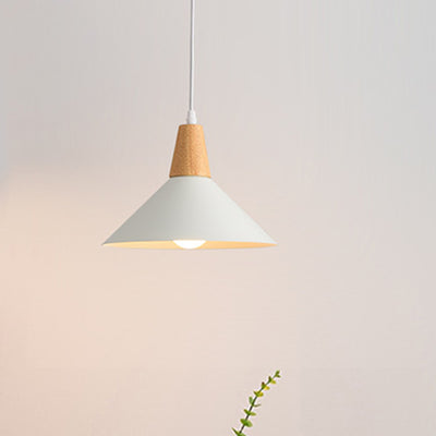 Contemporary Scandinavian Flared Iron Wooden 1-Light Pendant Light For Living Room