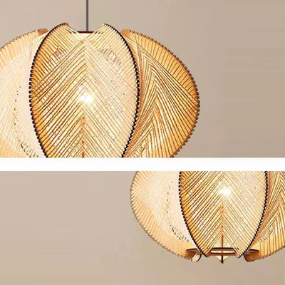 Traditional Japanese Oval Flake Mesh Wooden Fabric 1-Light Pendant Light For Living Room