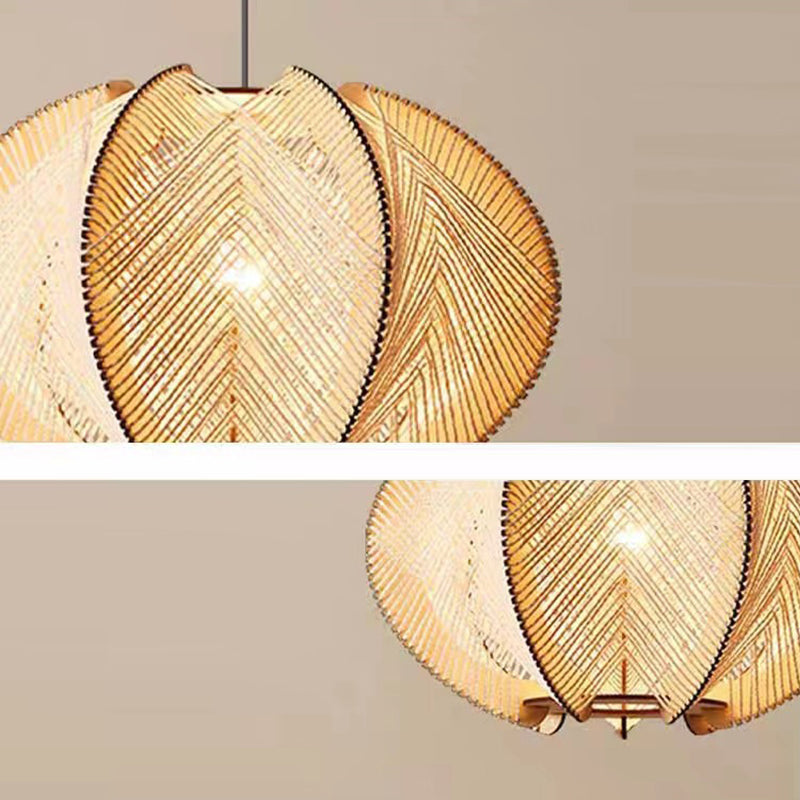 Traditional Japanese Oval Flake Mesh Wooden Fabric 1-Light Pendant Light For Living Room