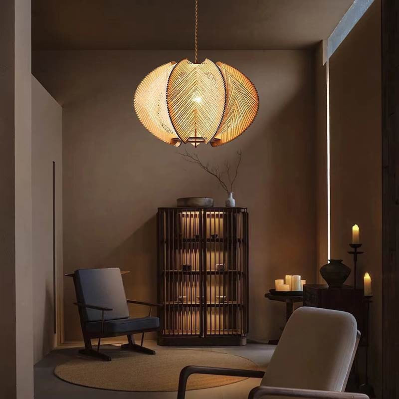 Traditional Japanese Oval Flake Mesh Wooden Fabric 1-Light Pendant Light For Living Room