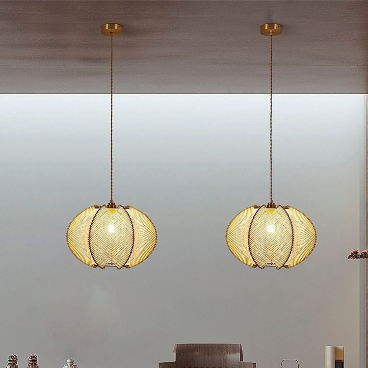 Traditional Japanese Oval Flake Mesh Wooden Fabric 1-Light Pendant Light For Living Room