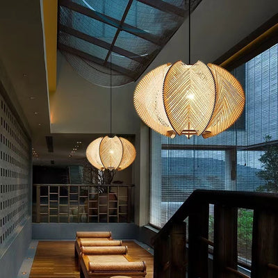 Traditional Japanese Oval Flake Mesh Wooden Fabric 1-Light Pendant Light For Living Room