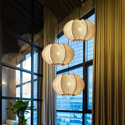 Traditional Japanese Oval Flake Mesh Wooden Fabric 1-Light Pendant Light For Living Room