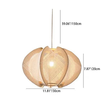 Traditional Japanese Oval Flake Mesh Wooden Fabric 1-Light Pendant Light For Living Room
