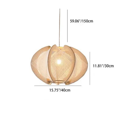 Traditional Japanese Oval Flake Mesh Wooden Fabric 1-Light Pendant Light For Living Room