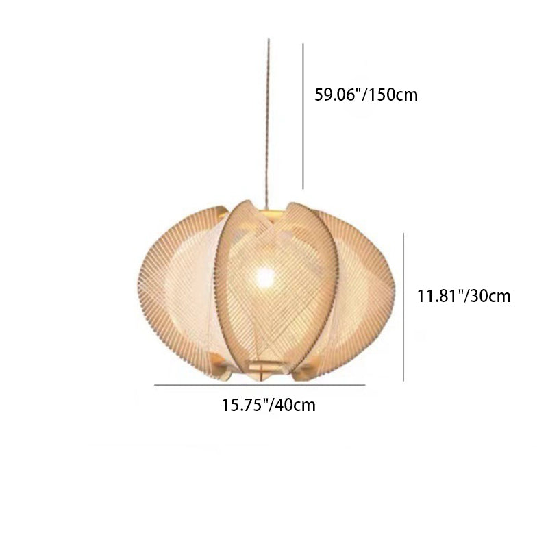 Traditional Japanese Oval Flake Mesh Wooden Fabric 1-Light Pendant Light For Living Room