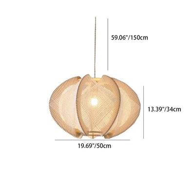 Traditional Japanese Oval Flake Mesh Wooden Fabric 1-Light Pendant Light For Living Room