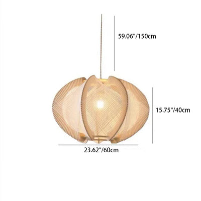 Traditional Japanese Oval Flake Mesh Wooden Fabric 1-Light Pendant Light For Living Room