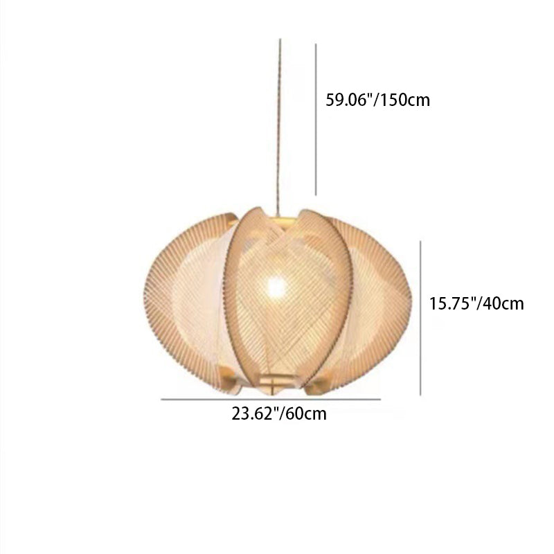 Traditional Japanese Oval Flake Mesh Wooden Fabric 1-Light Pendant Light For Living Room