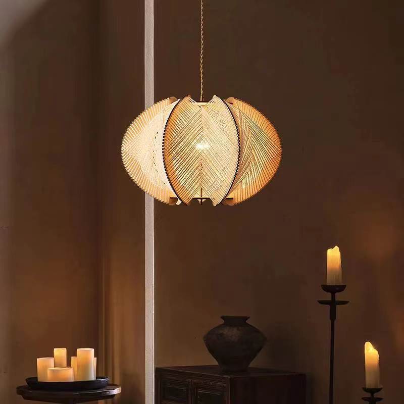 Traditional Japanese Oval Flake Mesh Wooden Fabric 1-Light Pendant Light For Living Room