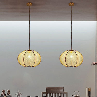 Traditional Japanese Oval Flake Mesh Wooden Fabric 1-Light Pendant Light For Living Room