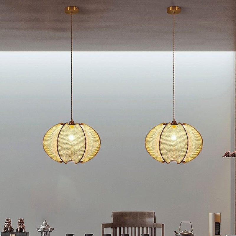 Traditional Japanese Oval Flake Mesh Wooden Fabric 1-Light Pendant Light For Living Room