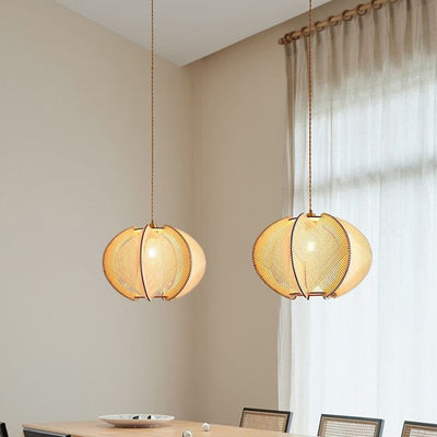 Traditional Japanese Oval Flake Mesh Wooden Fabric 1-Light Pendant Light For Living Room