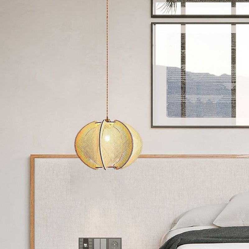Traditional Japanese Oval Flake Mesh Wooden Fabric 1-Light Pendant Light For Living Room