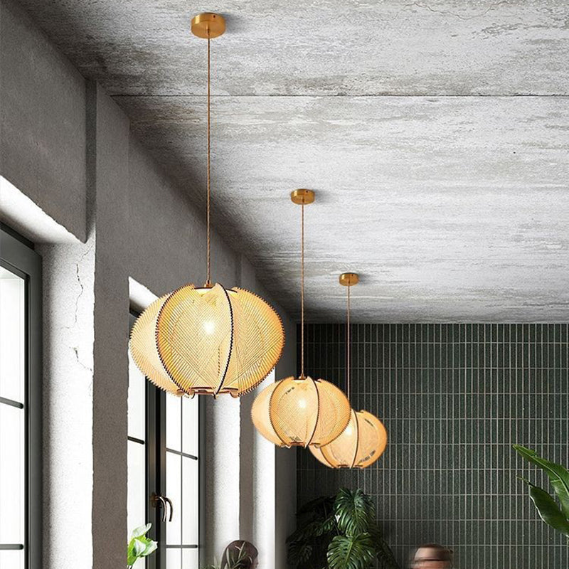 Traditional Japanese Oval Flake Mesh Wooden Fabric 1-Light Pendant Light For Living Room
