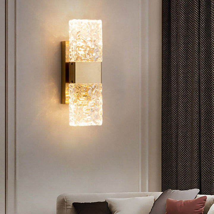 Lámpara de pared LED de lujo moderno rectangular de acero inoxidable corrugado y vidrio para dormitorio 