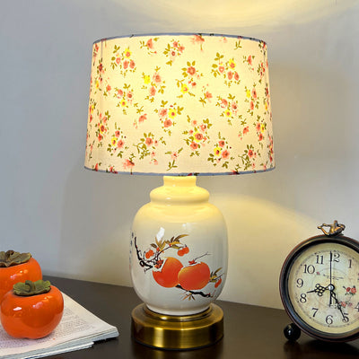 Lampe de table 1 lumière en tissu métallique en céramique avec branche d'arbre à kaki cylindre ovale chinois traditionnel pour chambre à coucher 