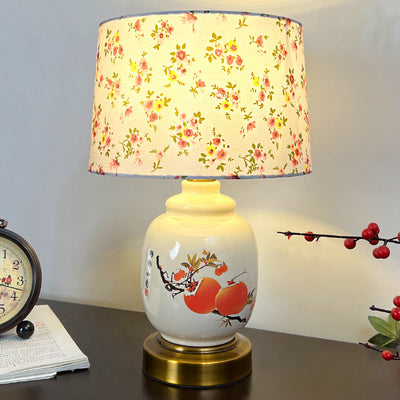 Lampe de table 1 lumière en tissu métallique en céramique avec branche d'arbre à kaki cylindre ovale chinois traditionnel pour chambre à coucher 