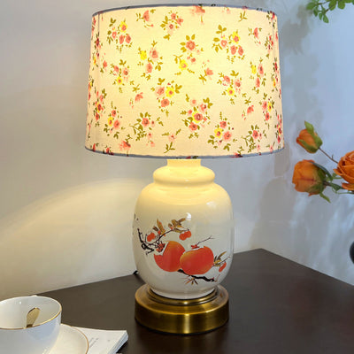Lampe de table 1 lumière en tissu métallique en céramique avec branche d'arbre à kaki cylindre ovale chinois traditionnel pour chambre à coucher 