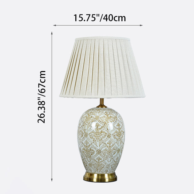 Lámpara de mesa de 1 luz con patrón plisado de tela de metal cerámico para sala de estar, mesa redonda ovalada vintage tradicional 