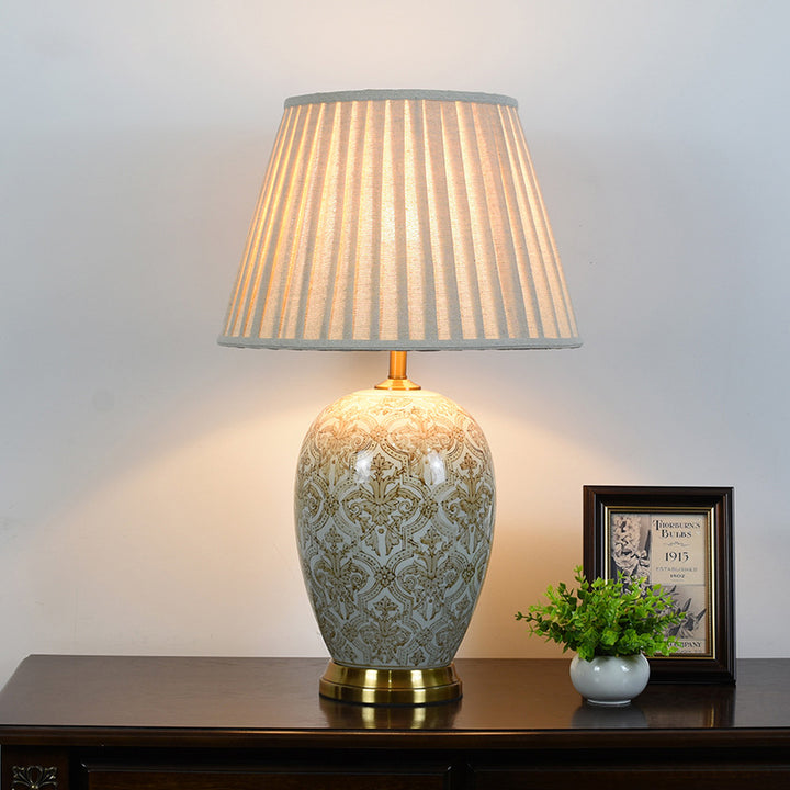 Lámpara de mesa de 1 luz con patrón plisado de tela de metal cerámico para sala de estar, mesa redonda ovalada vintage tradicional 