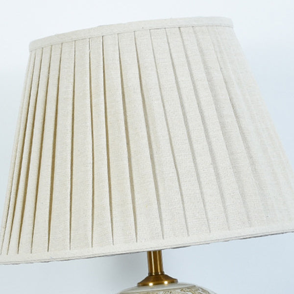 Lámpara de mesa de 1 luz con patrón plisado de tela de metal cerámico para sala de estar, mesa redonda ovalada vintage tradicional 