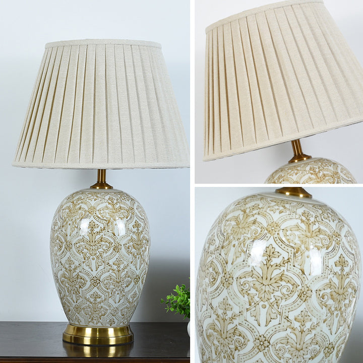 Lámpara de mesa de 1 luz con patrón plisado de tela de metal cerámico para sala de estar, mesa redonda ovalada vintage tradicional 