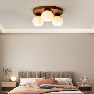 Contemporary Scandinavian Round Ball Solid Wood Metal Glass 3/5 Semi-Flush Mount Ceiling Light For Bedroom