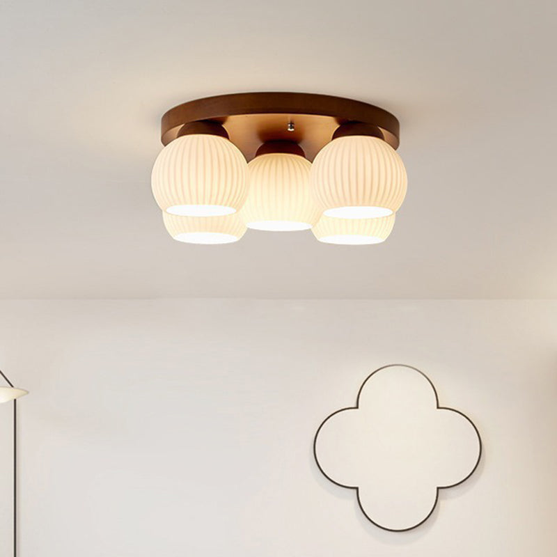 Contemporary Scandinavian Round Ball Solid Wood Metal Glass 3/5 Semi-Flush Mount Ceiling Light For Bedroom