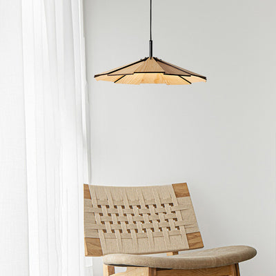 Traditional Japanese Umbrella Iron Wooden LED Pendant Light For Living Room