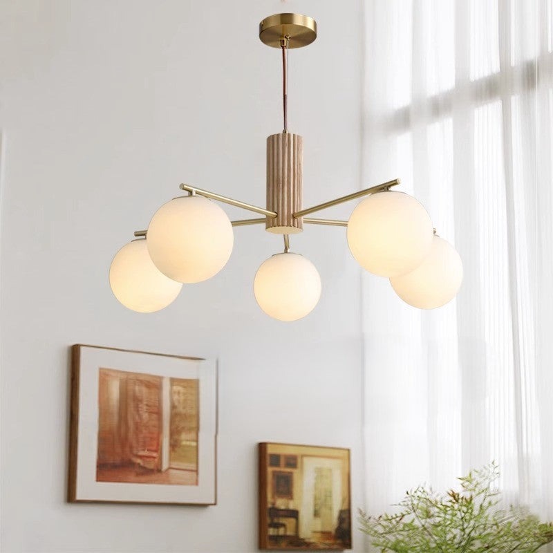 Zeitgenössischer skandinavischer Zylinder- und Kugel-Armleuchter aus Eisen, Eichenholz und Glas, 3/5-flammig, für das Wohnzimmer 