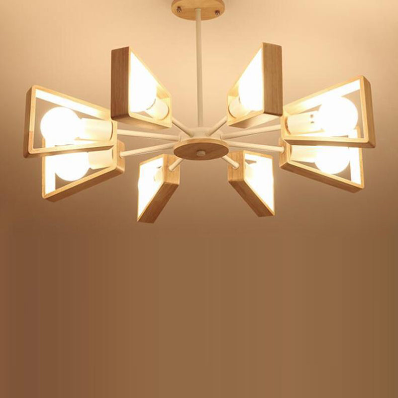 Contemporary Scandinavian Trapezoidal Branch Disc Base Iron Wood 3/5/6/8 Chandelier For Living Room