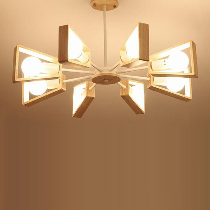 Contemporary Scandinavian Trapezoidal Branch Disc Base Iron Wood 3/5/6/8 Chandelier For Living Room