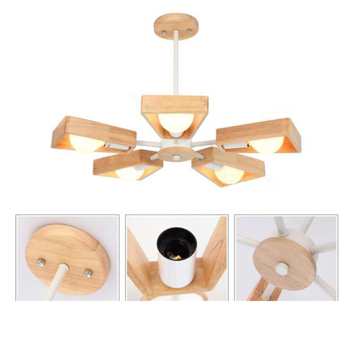 Contemporary Scandinavian Trapezoidal Branch Disc Base Iron Wood 3/5/6/8 Chandelier For Living Room