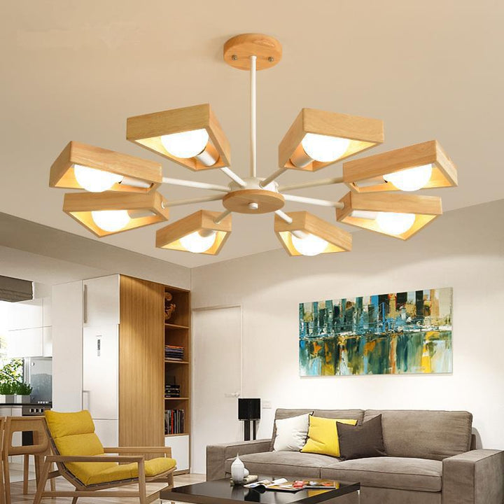 Contemporary Scandinavian Trapezoidal Branch Disc Base Iron Wood 3/5/6/8 Chandelier For Living Room