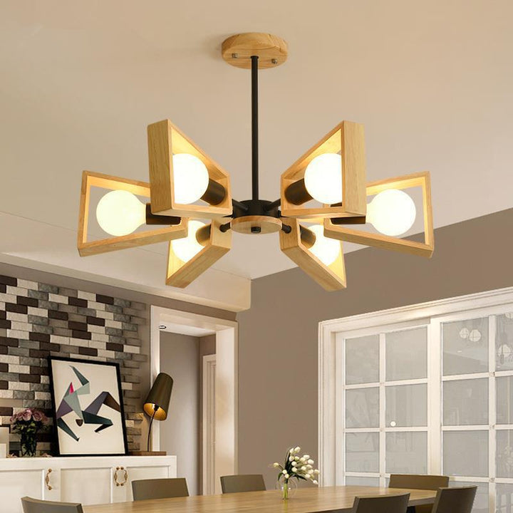 Contemporary Scandinavian Trapezoidal Branch Disc Base Iron Wood 3/5/6/8 Chandelier For Living Room