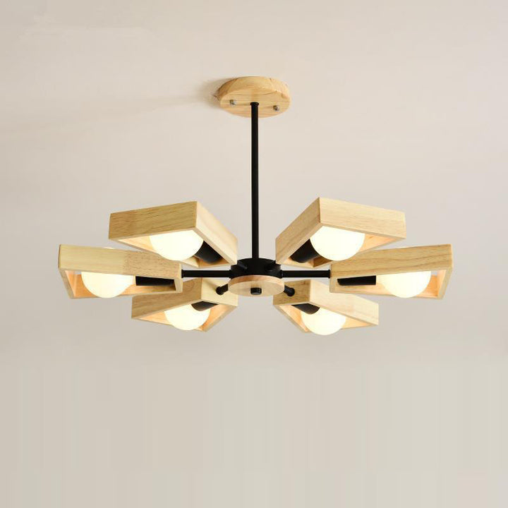 Contemporary Scandinavian Trapezoidal Branch Disc Base Iron Wood 3/5/6/8 Chandelier For Living Room