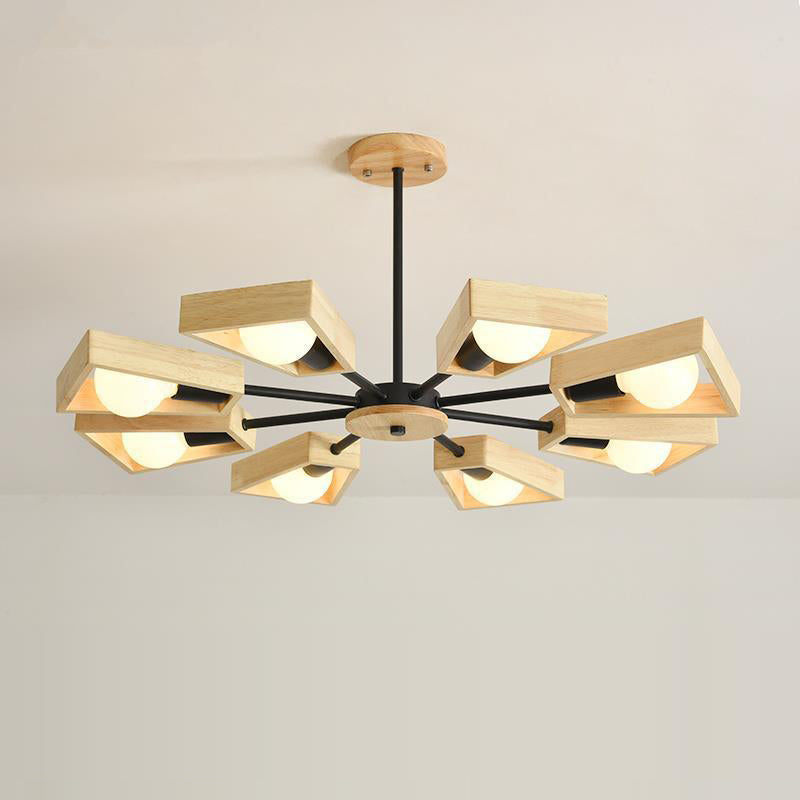 Contemporary Scandinavian Trapezoidal Branch Disc Base Iron Wood 3/5/6/8 Chandelier For Living Room